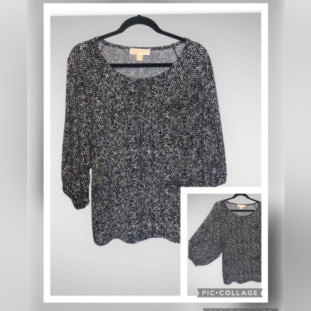 Michael Kors Black & White Speckle Wide Sleeve Stretchy Round Neck Top M